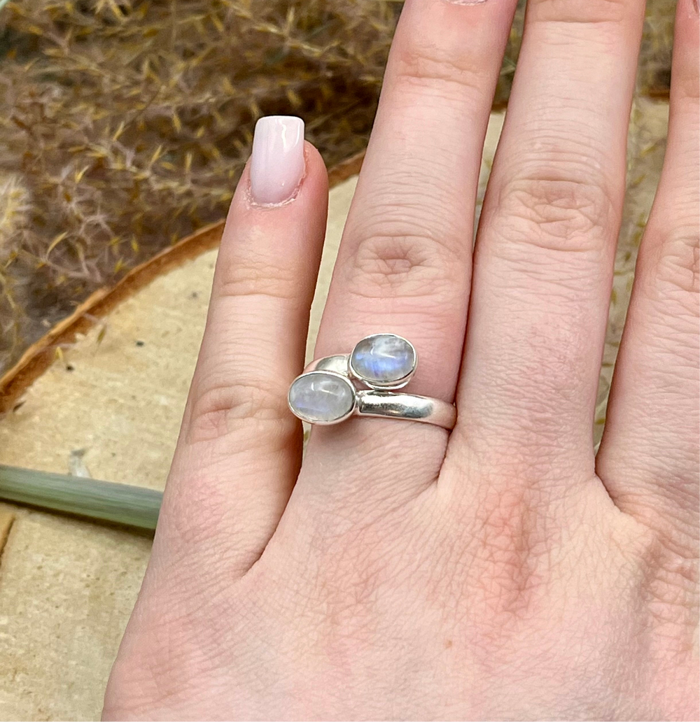 Weißer Labradorit / Mondstein Ring  925 Sterlingsilber verstellbar