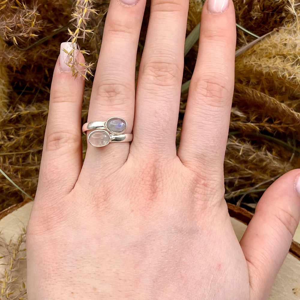 Weißer Labradorit / Mondstein Ring  925 Sterlingsilber verstellbar