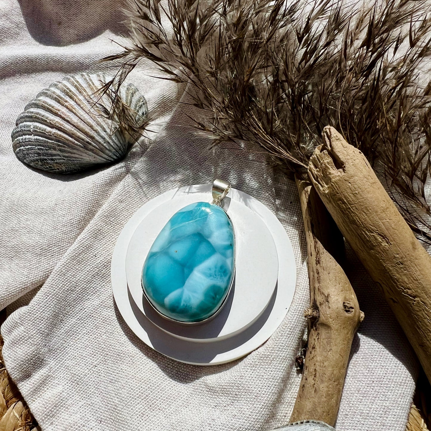 
                  
                    Tropfenförmiger Larimar-Anhänger in Silberfassung, auf hellem Stoff mit Treibholz und Muscheln im Hintergrund dekorativ arrangiert.
                  
                