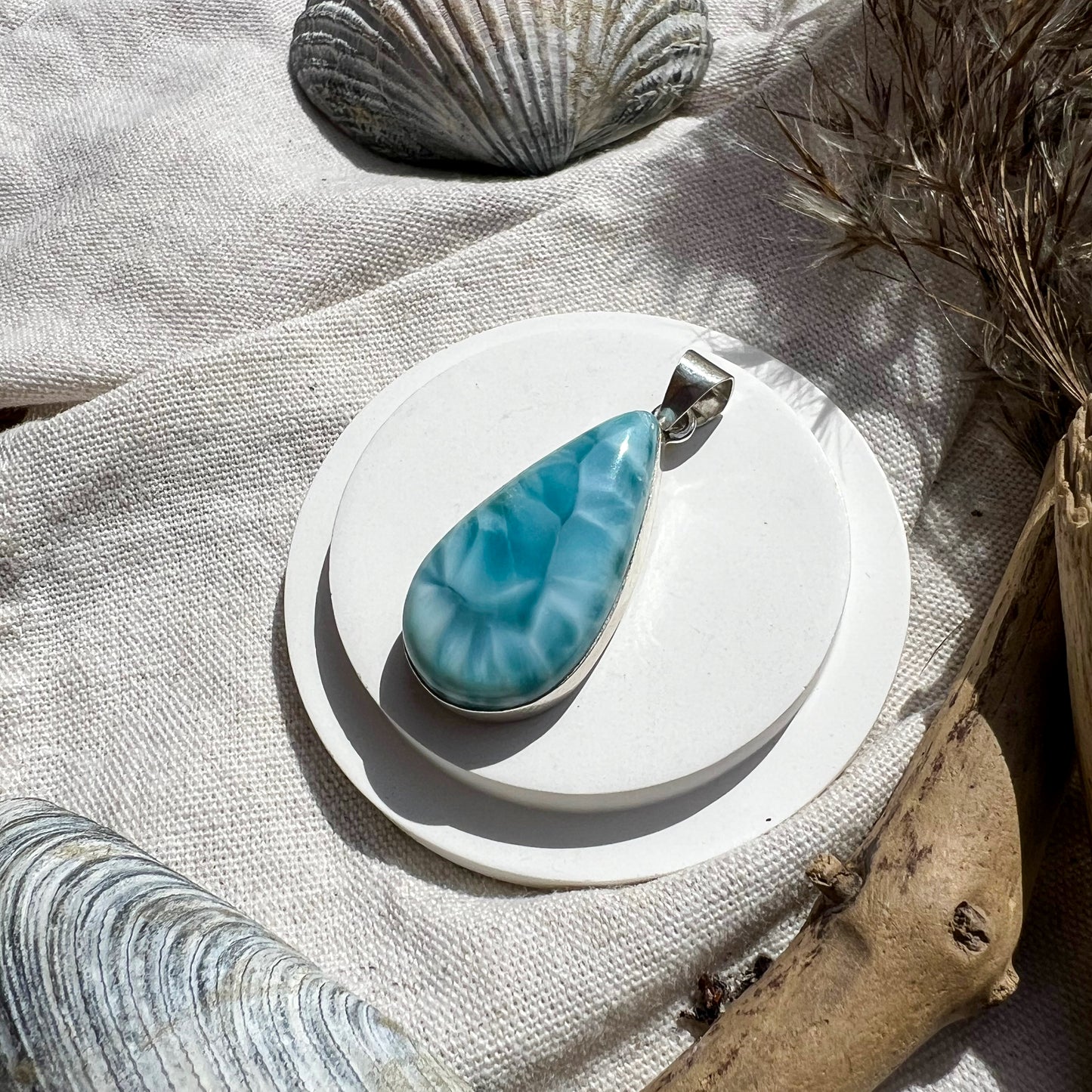 
                  
                    Larimar-Anhänger in Tropfenform in einer Silberfassung, präsentiert auf hellem Stoff, dekoriert mit Muscheln und Treibholz.
                  
                