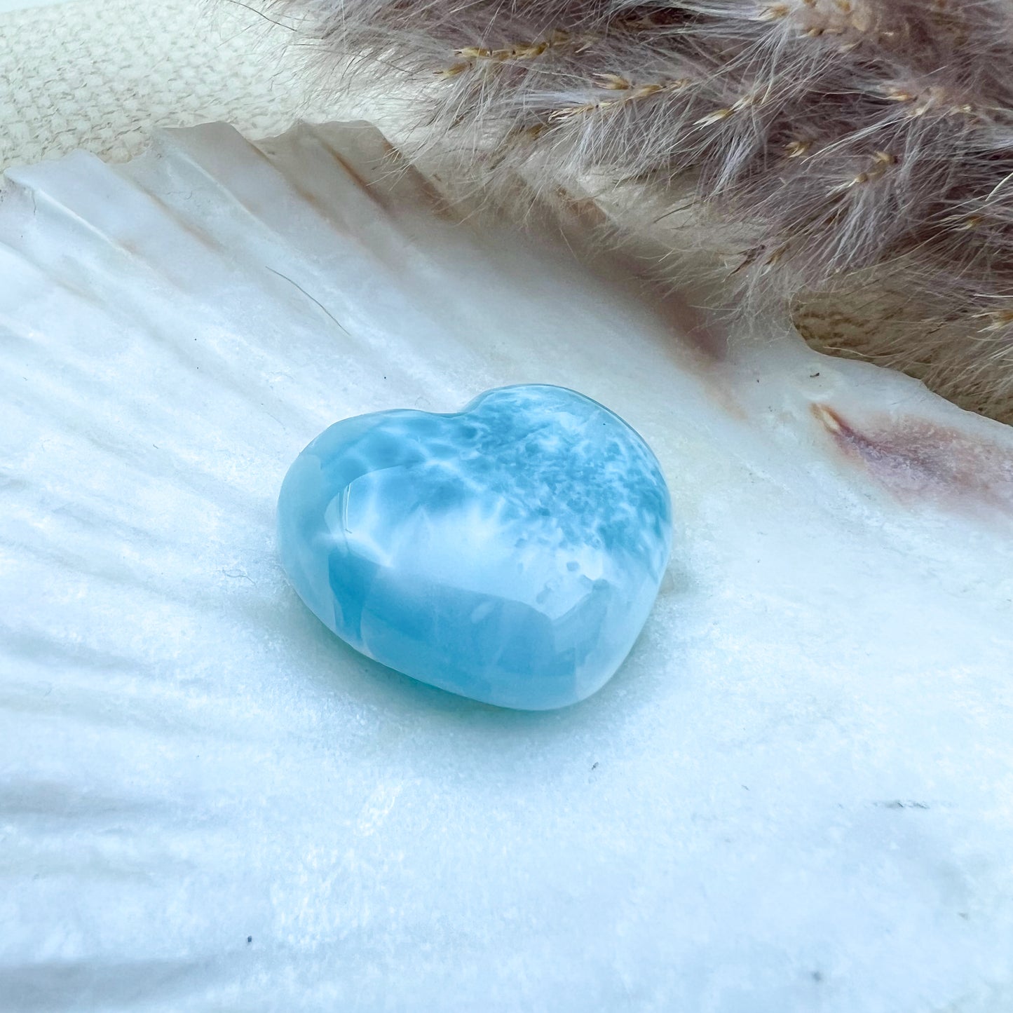 
                  
                    Handgearbeitetes Larimar Herz in meeresblau mit weißen Akzenten, präsentiert auf einer Muschelschale – einzigartiger Edelstein aus der Dominikanischen Republik.
                  
                