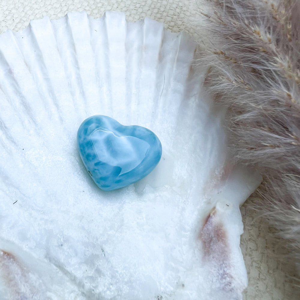 Handgearbeitetes Larimar Herz in meeresblau mit weißen Akzenten, präsentiert auf einer Muschelschale – einzigartiger Edelstein aus der Dominikanischen Republik.