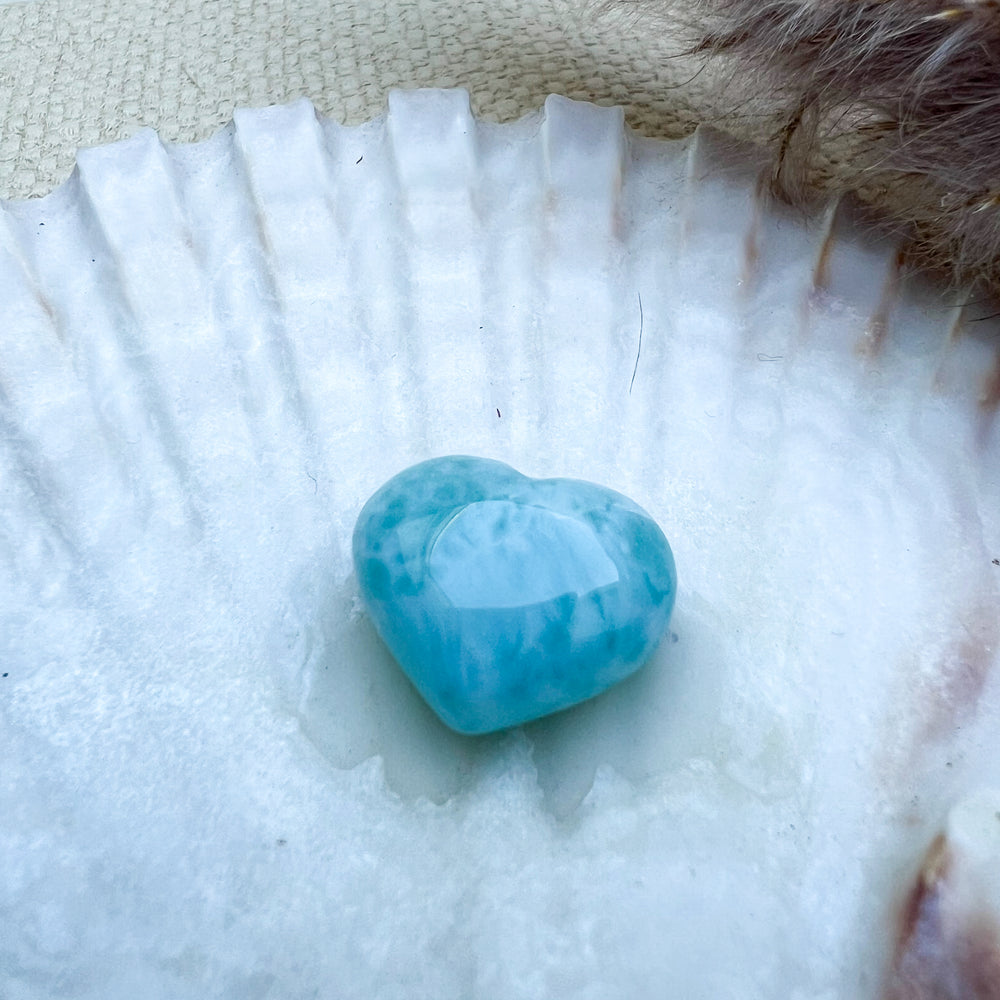 Handgearbeitetes Larimar Herz in meeresblau mit weißen Akzenten, präsentiert auf einer Muschelschale – einzigartiger Edelstein aus der Dominikanischen Republik